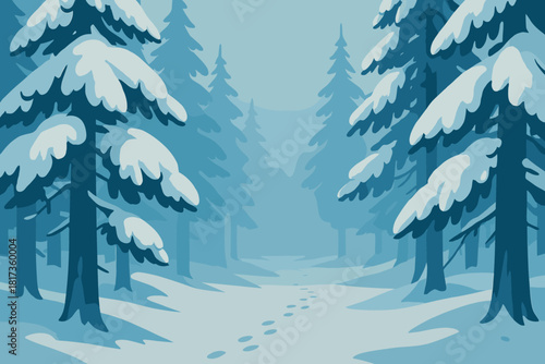 Snowy dense vector fir scene into trees forest illustration haze tracks blue
