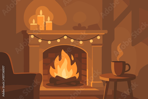 Cozy shadows peaceful vector evening room illustration fireplace fire burning side mug