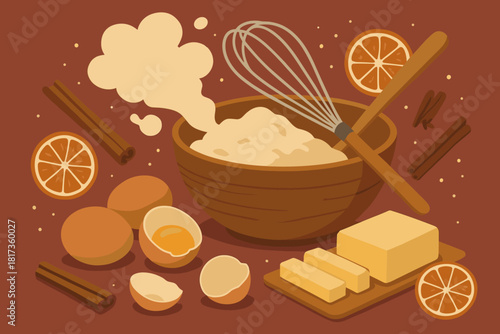 Dust oranges cracked bowl illustration cinnamon baking vector butter life festive scene