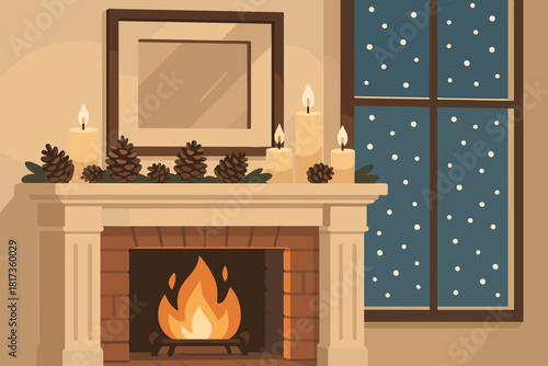 Large cozy outside mirror illustration fireplace snow falling scene vector mantel softly