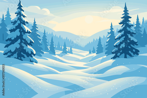 Tall scene illustration pine blue serene shadows sparkling winter wonderland white soft