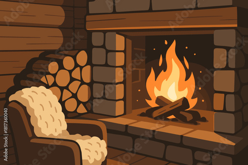 Wood fireplace stacked highlighting vector wool fire neatly light cozy mountain illustration