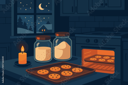 Baking cozy softly winter cookies illustration candlelight kitchen vector jars glass