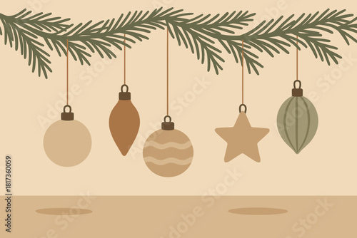 Palette cozy ornaments interior christmas minimalist festive pine vector matte neutral illustration