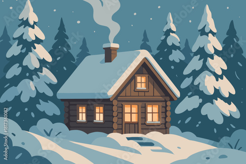 Through cabin snowy frosted cozy pines chimney light vector surrounded illustration wooden