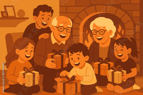 Gift every grandparents opening family golden warm smiles illustration vector fireplace exchange
