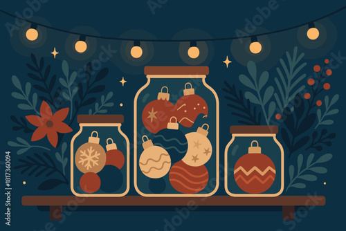 Ornament glowing twinkling display festive calm illustration shelf foliage jars vector decorative