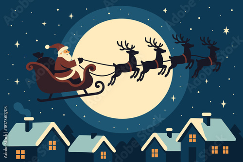 S riding below illustration glowing vector night sky pulled santa rooftops starry