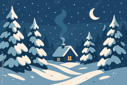 Snow pine smoke vector cabin glowing cozy heavy distance trees snowy surrounded