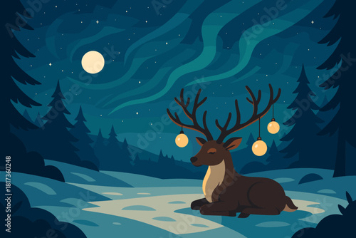 Illustration field antlers vector clearing moonlit glowing snowy above magic reindeer hanging