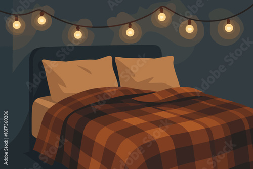 Illustration blankets lights covered simple bed peace over glowing comfort gentle winter