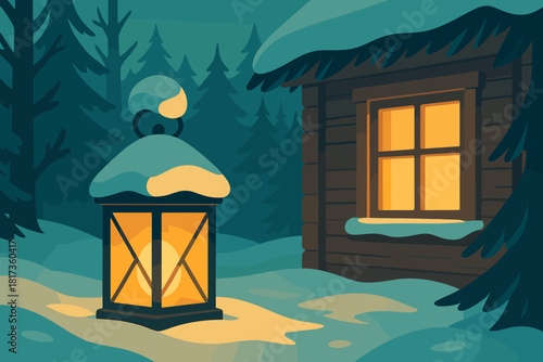 Glowing cabin vector light cozy outside snow golden piling trees inside winter