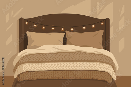 Serene creating lights bedroom neutral layered illustration winter blankets cozy above vector