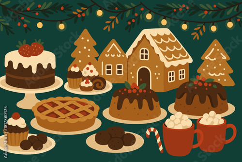 Arranged buffet fairy dessert chocolate desserts under gingerbread lights vector illustration christmas