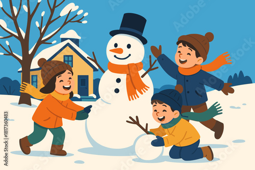 Joyful scarves children building yard vector winter illustration air front snowman blue