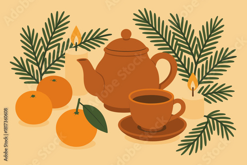 Illustration balance tea festive candles harmonious pine vector surrounded still simplicity set