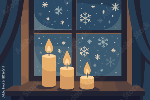Catching illustration frosty winter candle scene glowing vector against their glow window
