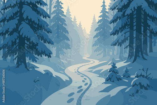 Deep snowy softly trees forest path light rising morning illustration frosty narrow