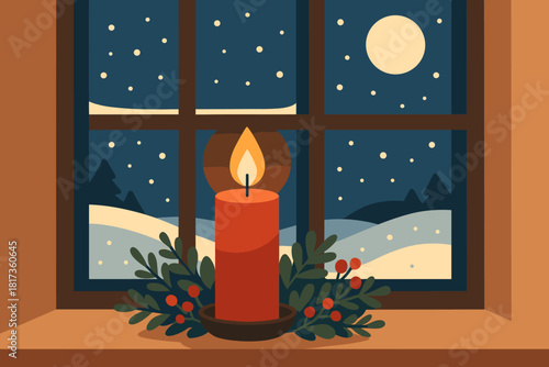Festive moonlight comforting illustration glowing arrangement window serenity candle flame under vector