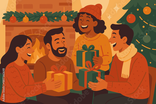 Laughter illustration reflecting exchange warmth bright gift filling fireplace festive space vector