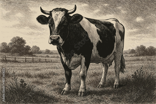Majestic Cow Portrait. Majestic black-and-white portrait of a cow standing in a rural field, illuminated by soft natural light,