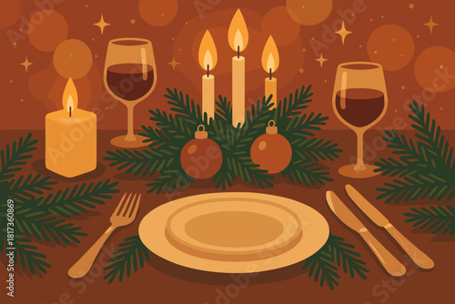 Festive year dinner new illustration vector ambiance candlelit table pine silverware branches
