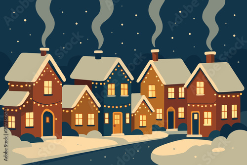 Town festive quiet lights row rising illustration village vector snowy smoke through
