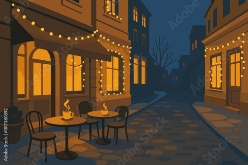 Steaming illustration café tables vector glowing hues around windows festive winter outdoor
