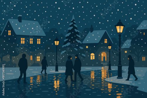 Through cobblestones glowing reflections slowly illustration winter falling people cozy wonderland vector