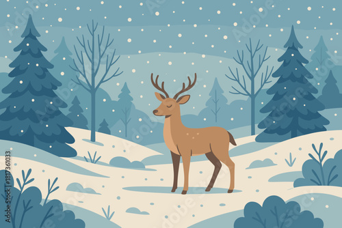 Clearing peaceful calm subtle harmony between falling winter deer illustration vector