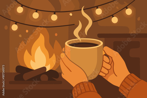 Warm vector holding evening moment drink tones illustration balanced cozy captured quiet
