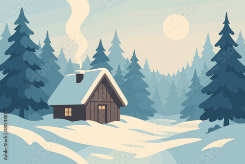 From under smoke illustration pale cabin vector small snowy sunlight serenity surrounded