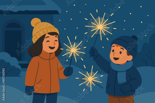 Vector children winter illustration softly outside sparkler home sparklers glowing joy innocence