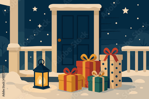 Winter vector gifts surprise lantern illustration under anticipation waiting snowy gift sense