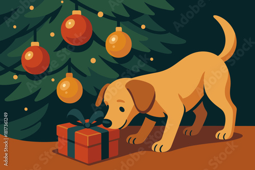 Wrapped vector sniffing tree illustration reflection simple lights christmas festive box curiosity