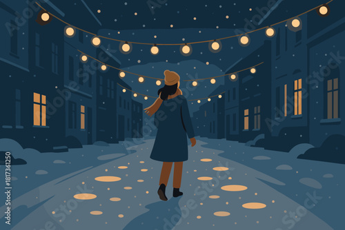 Through evening simplicity romantic woman stroll holiday vector glowing reflections illustration street