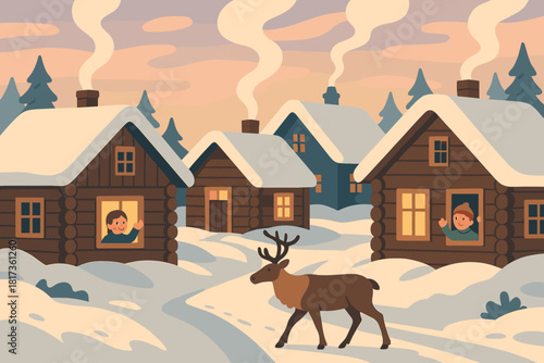 Curling vector illustration village wonderland evening children under waving wooden from winter