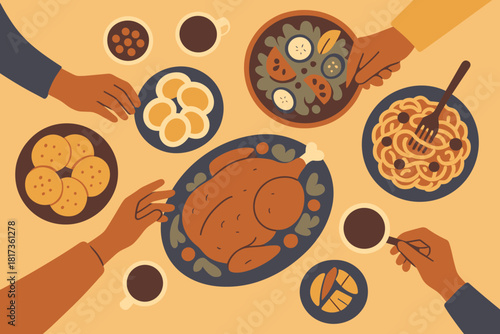 Palette representing meal reaching dishes view dinner vector hands joyful illustration gathering
