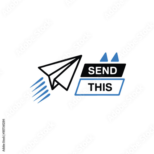 A paper airplane with blue streaks next to a send this graphic on a white background image
