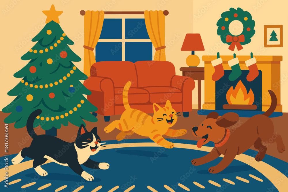 Fototapeta premium Energy vector decorated illustration bright playful cheerful pet pets room playtime around