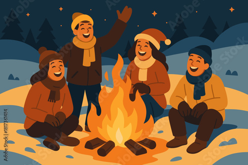 Faces bonfire joyful golden cheerful people snow gathering outdoors orange vector illustration