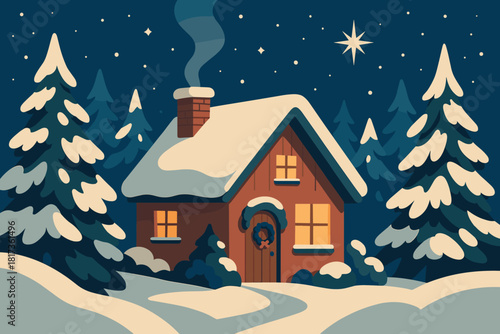 Sense illustration intertwined sky starry cottage solitude winter cabin vector serenity above