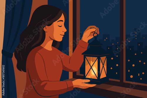 City woman distant face near illustration year lantern lights dreams new warm