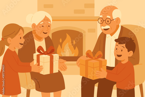 Exchange from family joy tenderness vector fire grandchildren gift illustration fireplace reflecting