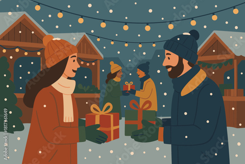 Winter vector exchanging falling string under exchange market illustration presents gift outdoor