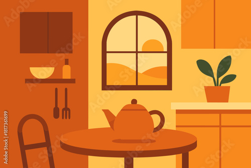 Forming expressing cozy balance window teapot through kitchen interpretation vector illustration shapes