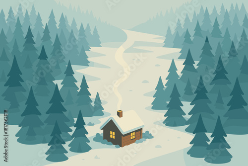 Illustration trail stretching forest retreat endless symmetry cabin into aerial mist vector