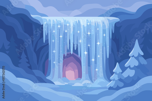 Crystal vector softly illustration frozen cascade lilac glowing shades winter sparkling waterfall