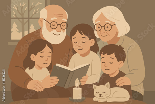 Storytime curled illustration vector soft grandparents cherished children peace family cozy story