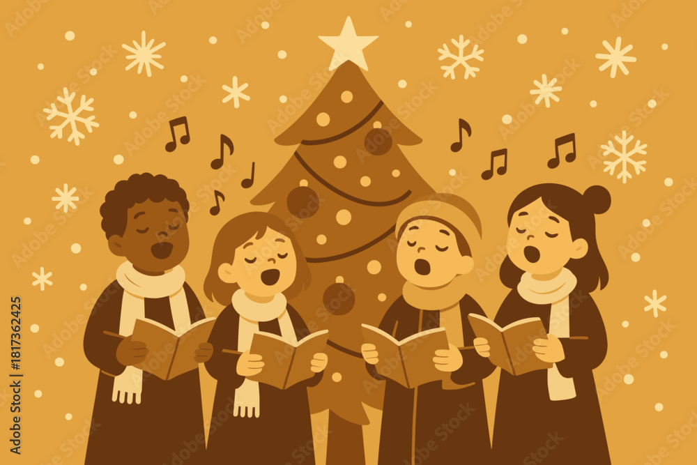 Fototapeta premium Singing musical christmas festivity unity illustration snowflakes near vector decorated choir tree